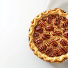 Delicious homemade pecan pie with golden flaky crust and rich caramel filling topped with toasted pecans on a white background