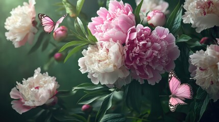 A vibrant arrangement of blooming pink and white peonies set against a dark background.