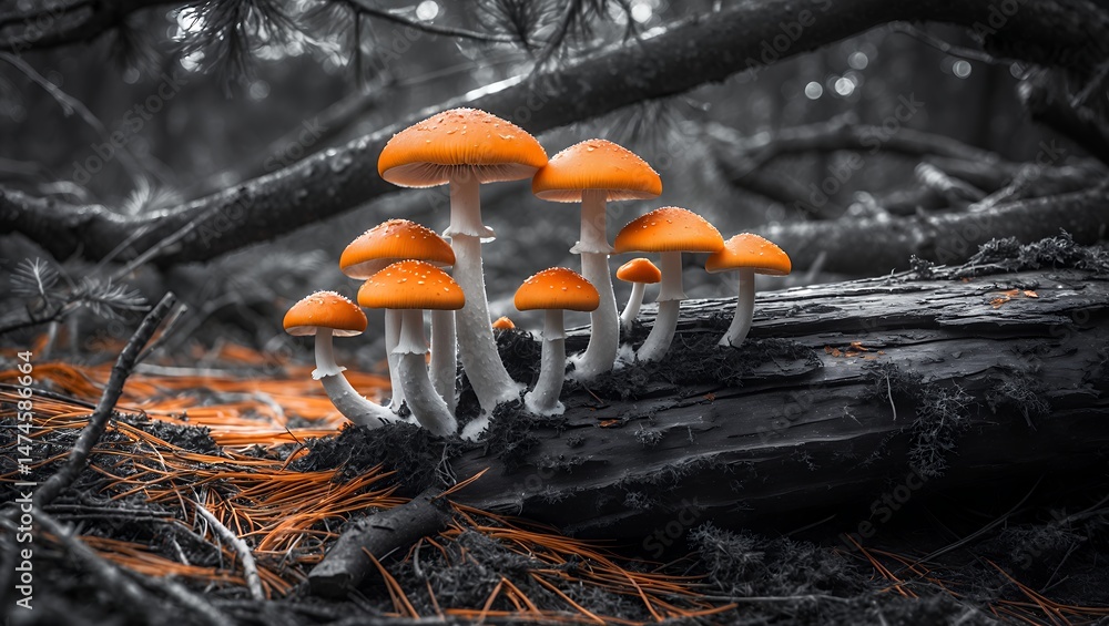 Poster orange mushrooms growing on log in forest with selective color