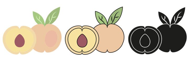 Set of peach illustrations with leaves in three different styles. Clean, minimalist and modern composition.