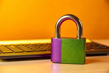 Naklejka premium Purple Padlock on Laptop: Cyber Security & Data Protection Stock Photo
