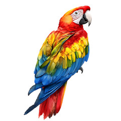 Obraz premium Striking portrait of a scarlet macaw, showcasing the vivid colors of its feathers and detailed plumage against a solid black background.
