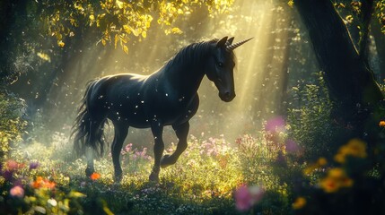 A majestic black unicorn with a long, flowing mane and tail strides gracefully through a sunlit forest