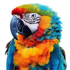 Fototapeta premium Close-up image of a parrot's head, showcasing its bright, vibrant plumage. The bird's eye and beak are clearly visible.