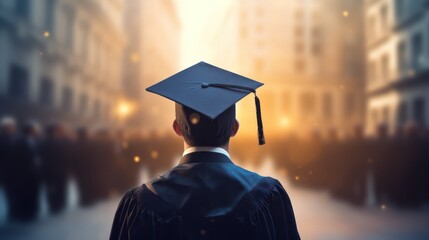 A man in a graduation gown standing in front of a blurred cityscape at sunset.