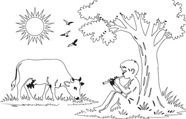 Boy Under Tree with Cow