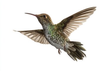 Obraz premium A hummingbird in flight, wings spread wide, showcasing its iridescent feathers against a stark white background.
