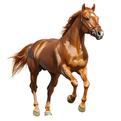 Obraz premium Digitally rendered image of a powerful chestnut horse in a dynamic, galloping pose against a dark background. The horse's details are carefully depicted.