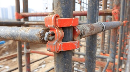 Close-up view of metal pipe joint connection on industrial scaffold structure at construction site. Focus on steel clamp system, supporting platform stability, safety, and engineering precision