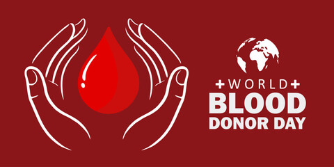 World Blood Donor Day Concept with Hands Holding Blood Drop on a dark red background. Suitable for health campaigns, medical posters, and donor event promotions. Vector Illustration