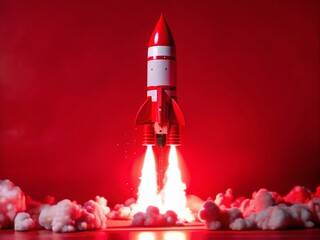 Red & White Rocket Launch - Low Light 3D Render Stock Photo