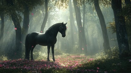 A majestic black unicorn with a long, flowing mane and tail strides gracefully through a sunlit forest
