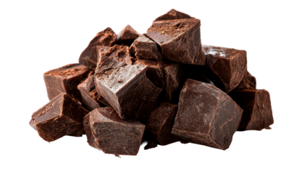 Dark chocolate chunks piled on a transparent background