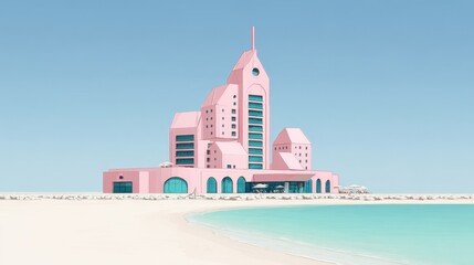 Fototapeta premium Pink Beach Resort with Modern Architecture and Sleek Design by Turquoise Water and White Sand