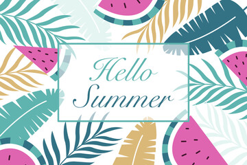 horizontal banner with tropical leaves and watermelons