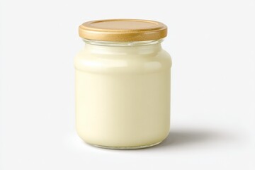 Jar of creamy, pale yellow spread with a gold lid.