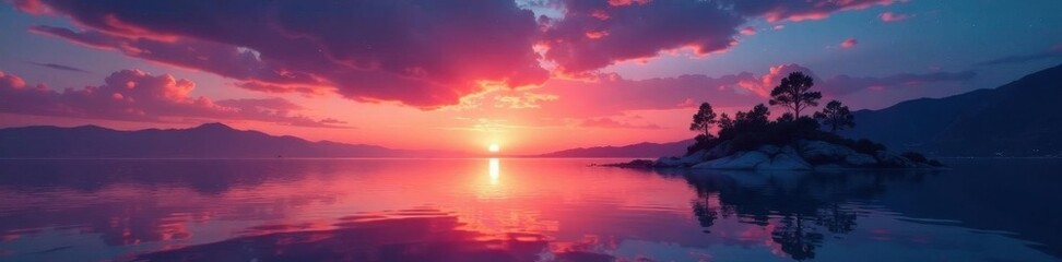 Obraz premium Vibrant sunset hues paint the sky, stars reflected in tranquil archipelago waters, view, water, stars