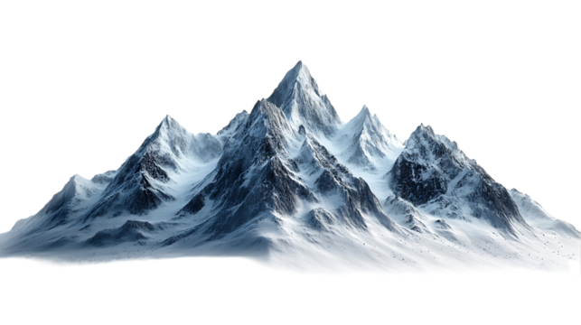 Digitally rendered image of a majestic snow-capped mountain range, featuring detailed textures and lighting effects.