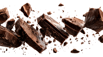 Chocolate chunks airborne with a transparent background