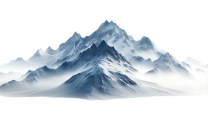 Digitally created, wintry mountain range, snow-covered and misty, with a sense of grandeur.