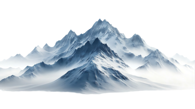 Digitally created, wintry mountain range, snow-covered and misty, with a sense of grandeur.