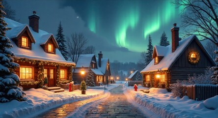 Enchanted Christmas Village at Night with Northern Lights