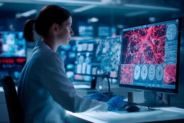 Obraz premium A scientist wearing a lab coat and gloves examines intricate cellular images on multiple computer monitors in a high-tech laboratory