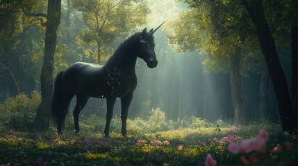A majestic black unicorn with a long, flowing mane and tail strides gracefully through a sunlit forest