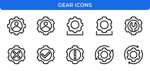 Gear Settings Process System Vector Icon Set - Business, Technology, Options, Outline, Cog, Tool, Control, Customization, Mechanism, Preferences Icons - Editable Line Weight