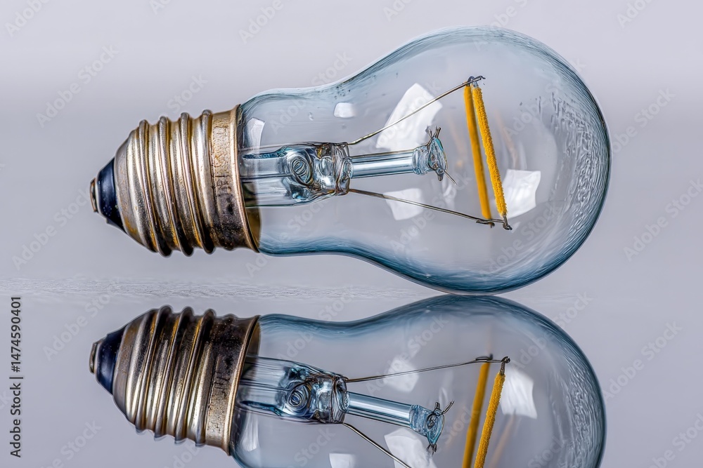 Poster unique light bulb design showcasing a vintage filament on a reflective surface in a well-lit environ