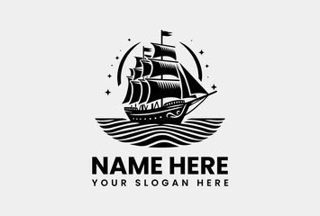 Monochrome Sailing Ship Illustration. Minimalist Maritime Vector Logo  Art