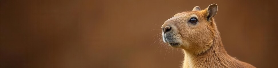 Fototapeta premium Smiling capybara portrait against brown, soft focus, nose, nature