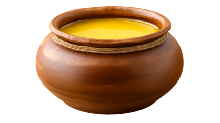 Clay pot filled with yellow liquid on transparent background