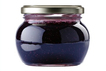 Jar of dark purple jam or preserves with a metallic lid.