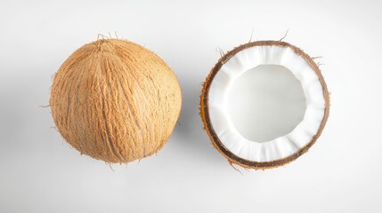 Fresh ripe coconut with hairy brown and opened halved coconut revealing white flesh and clear water isolated on plain white background