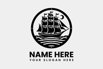 Bold Sailing Ship on Waves Graphic. Adventure Voyage Vector Logo Design