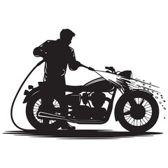 Fototapeta premium Silhouette of Man washing a motorcycle with high pressure washer. Spraying water from the hose.of motorcycle wash Vector Black silhouette. with white background