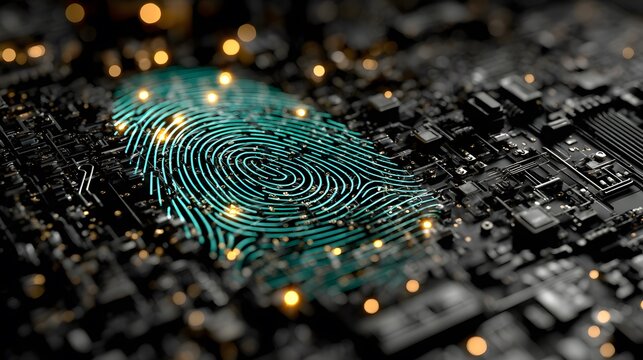 Digital fingerprint technology securing electronic systems through advanced biometric authentication on futuristic circuit boards and networks.