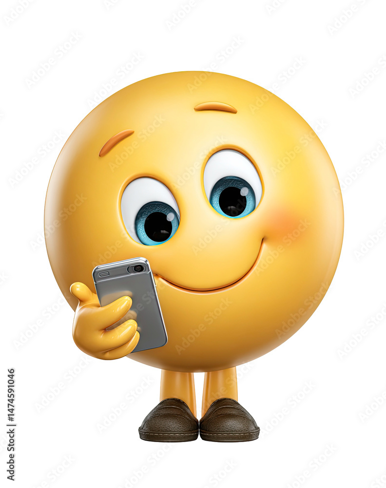 Poster smiling 3d emoji character using smartphone on transparent background. smiling 3d emoji png, smiling