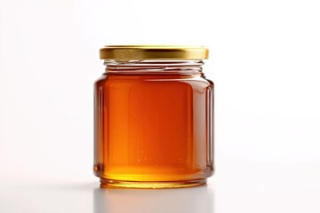 A jar of honey sits on a white background. The golden lid contrasts with the amber liquid inside.