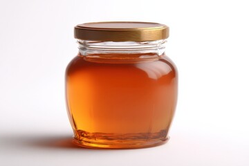 A jar of honey sits on a white background. The golden lid contrasts with the amber liquid inside.