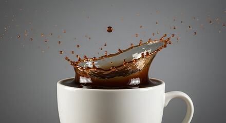 Coffee Splash Frozen at the Moment of Impact in Ceramic Cup