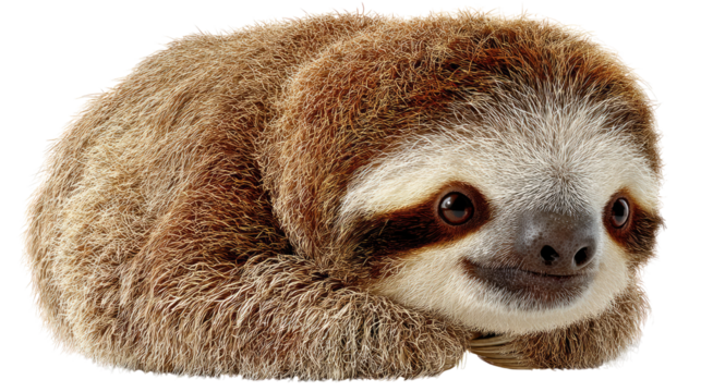 Smiling Sloth's Gentle Gaze: A close-up shot reveals the adorable face of a sloth, exuding a serene, relaxed expression, inviting viewers to embrace a slower pace of life.