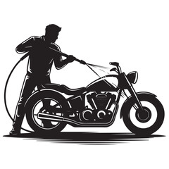 Fototapeta premium Silhouette of Man washing a motorcycle with high pressure washer. Spraying water from the hose.of motorcycle wash Vector Black silhouette. with white background