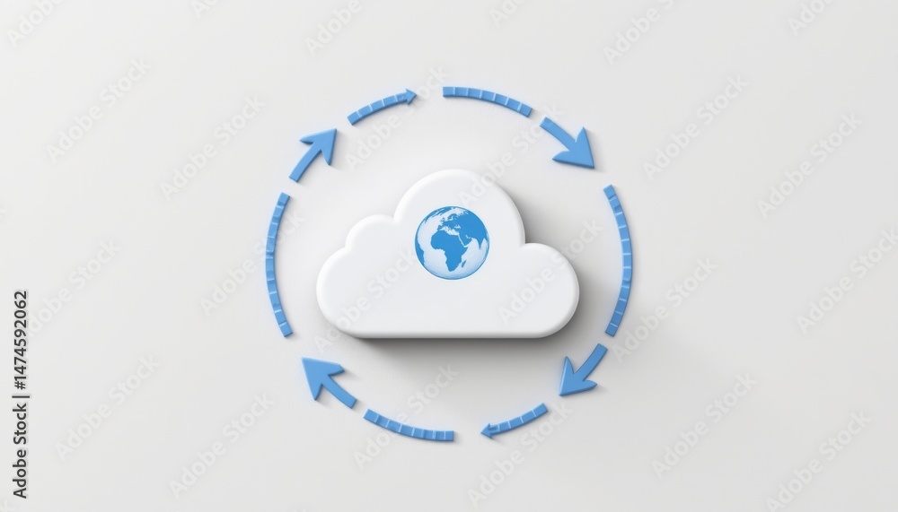 Poster cloud computing concept with global connectivity arrows.