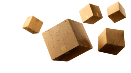 Floating brown cardboard boxes with transparent background