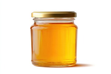 A jar of golden honey sits on a white background.