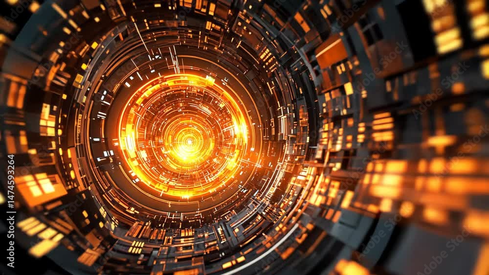 Poster mesmerizing futuristic digital tunnel with glowing orange lights and intricate patterns