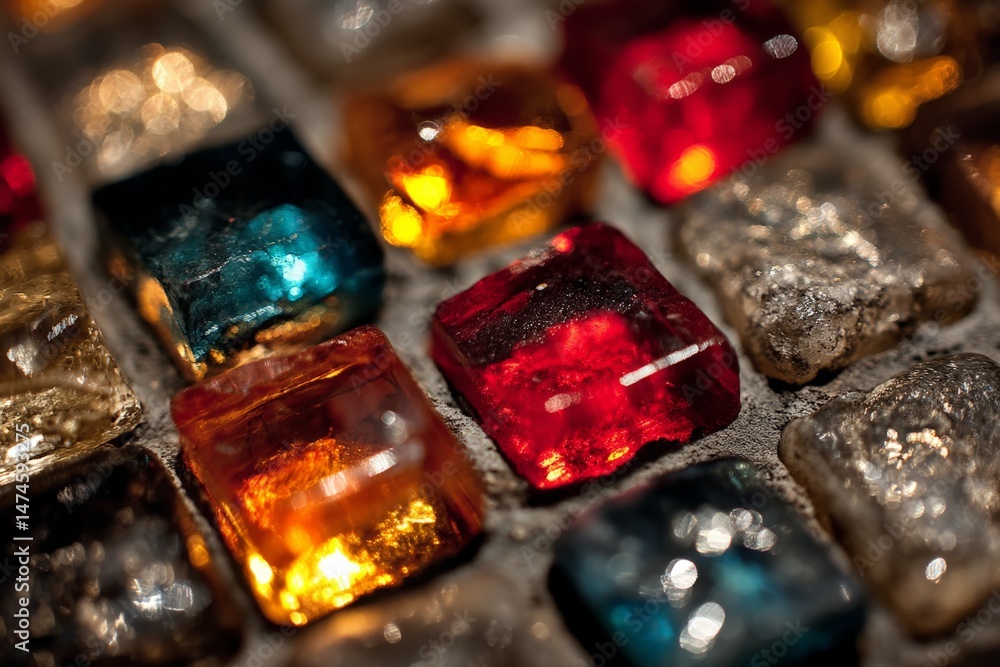 Poster colorful assortment of translucent gems on textured surface in close-up view