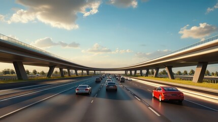 Aerial view of a multi-level highway interchange surrounded by lush green fields and trees.